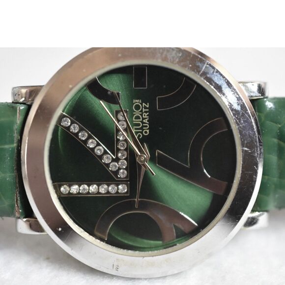 Studio Quartz Green On Green Rhinestone Accent Silver/Gold Tone Working Watch - Picture 4 of 4